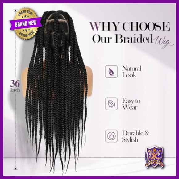 36-Inch Jumbo Knotless Box Braids Wig, 360 Full Lace Glueless Synthetic